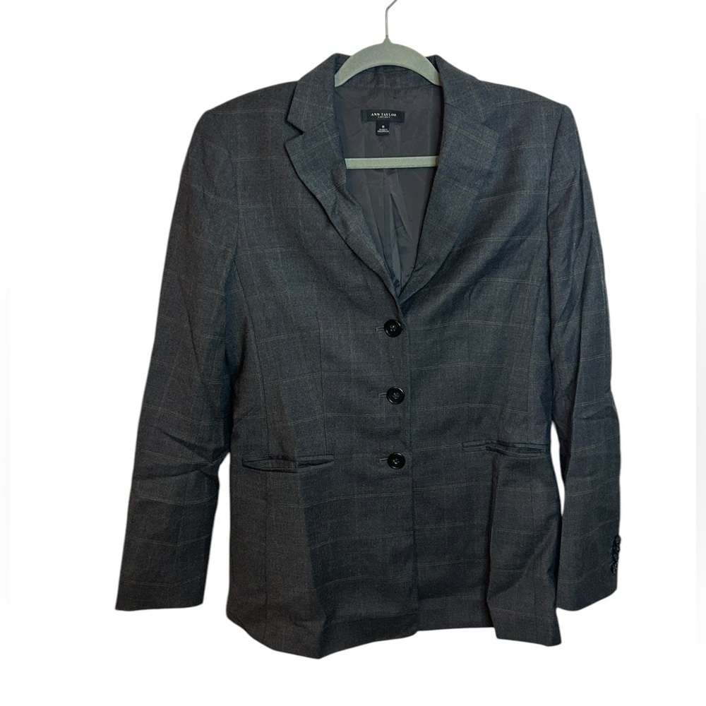 Ann Taylor Dark Gray Plaid Three Button Wool Academia Blazer